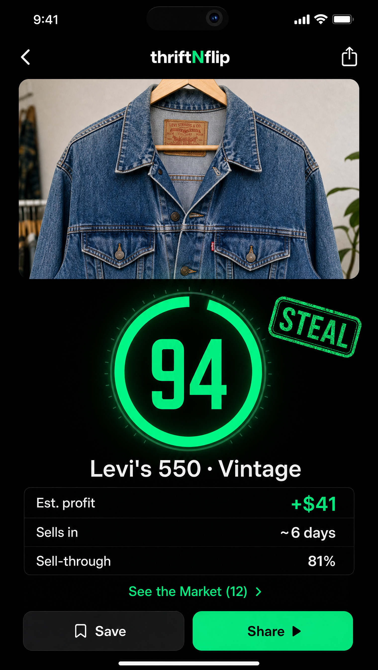 thriftNflip Flip Score reveal showing a 94 STEAL verdict